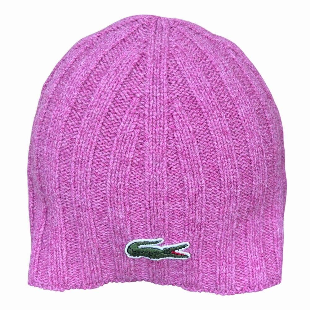 Lacoste Berry Pink Wool Logo Knit Beanie Hat Cap Alligator Crocodile France